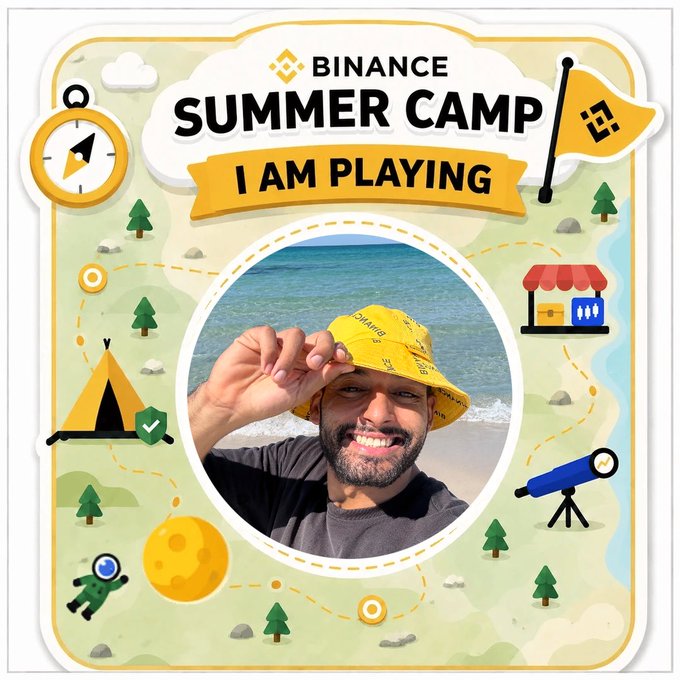 Binance Summer Camp 'I AM PLAYING' sticker showing a smiling man wearing a yellow Binance bucket hat on a beach, framed by a cartoon campsite map design.