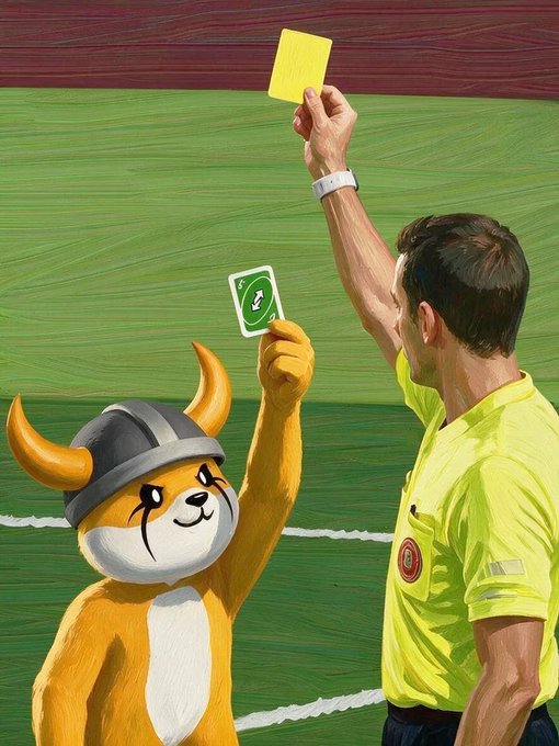 A referee in a yellow shirt holds up a yellow card alongside an orange mascot wearing a Viking helmet that displays a green card with a "2" on it. The image relates to "Decision overturned" by visually depicting the classic soccer penalty card scenario being reversed—the mascot mockingly shows the referee's own yellow card action being countered with a green card, symbolizing a referee decision being overturned.