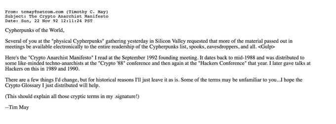 The image shows an email from "tcmay@netcom.com (Timothy C. May)" dated Sun, 22 Nov 1992, sharing "The Crypto Anarchist Manifesto" founded at the September 1992 founding meeting. The post relates by drawing parallels to how Ethereum can build an integrated privacy stack similar to the cryptographic tools and cypherpunk principles outlined in May's foundational manifesto.