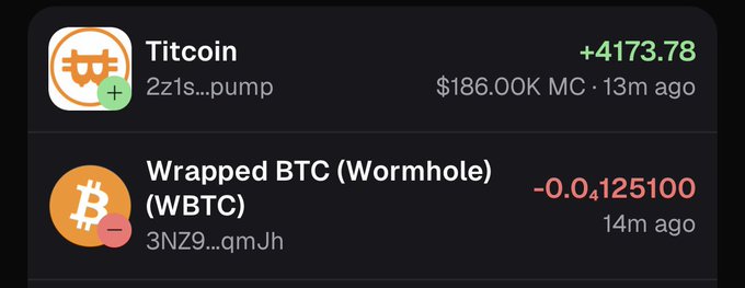 Crypto token list showing Titcoin (+4173.78, $186.00K MC) and Wrapped BTC Wormhole WBTC (-0.4125100).