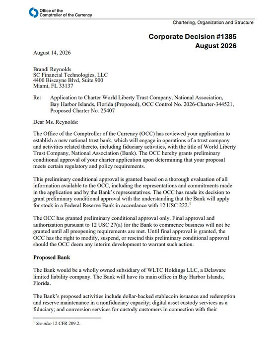 An official 'Corporate Decision #1385' letter from the Office of the Comptroller of the Currency dated August 14, 2026, granting preliminary conditional approval to World Liberty Trust Company, National Association, for a charter application by Brandi Reynolds.