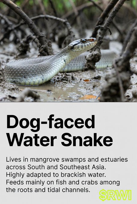 An educational poster about the Dog-faced Water Snake, showing the snake in a mangrove environment with text explaining it lives in mangrove swamps and estuaries across South and Southeast Asia, feeding on fish and crabs.