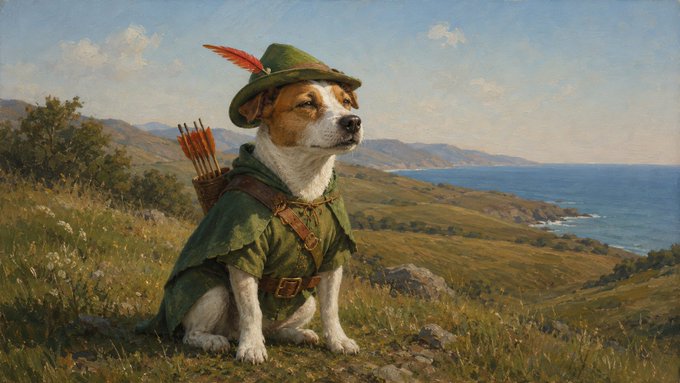 A Renaissance-style oil painting depicting a Jack Russell terrier dog wearing a green Robin Hood-style hat and tunic, with a quiver of arrows on its back, sitting on a grassy hillside overlooking the ocean.