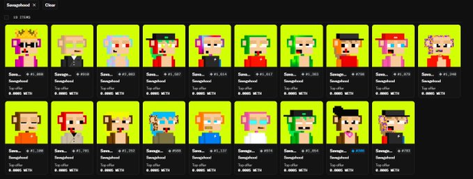 A 'Savagehood' NFT collection marketplace page displaying pixel-art character avatars with various prices, ranks (#1,003-#1,016), and WETH offers.