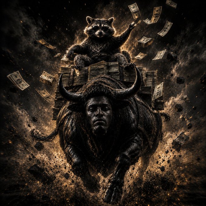 A dark, dramatic artwork showing a raccoon sitting atop stacks of cash, riding a charging bull made of money, with dollar bills and coins exploding around them.