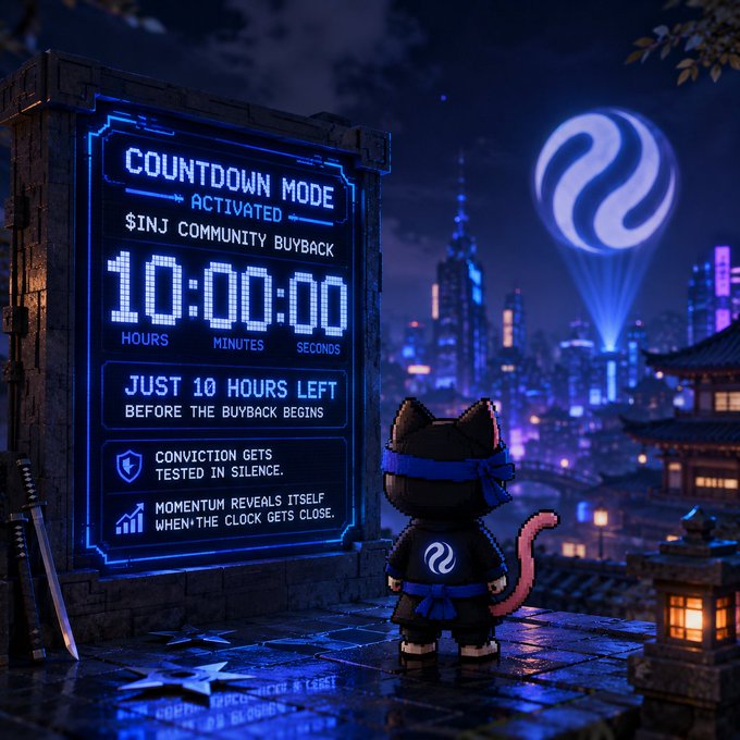 A ninja-cat character overlooks a cyberpunk cityscape while facing a large countdown timer displaying 'COUNTDOWN MODE ACTIVATED' and '10:00:00', with text about a '$INJ COMMUNITY BUYBACK'.