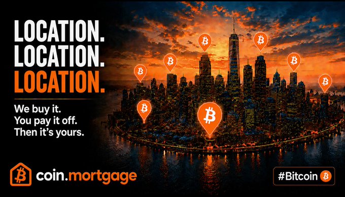 An advertisement for "coin.mortgage" featuring the tagline "LOCATION. LOCATION. LOCATION. We buy it. You pay it off. Then it's yours." set against a cityscape dotted with orange Bitcoin location pins, promoting their new Bitcoin purchase financing service from @CoinMortgageInc.