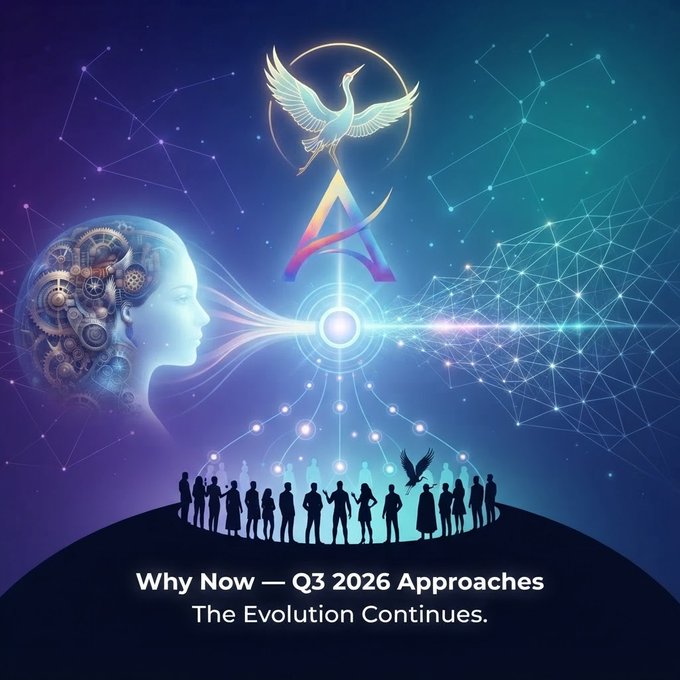A futuristic graphic with a mechanical female head, glowing constellation networks, a phoenix logo with letter 'A', and silhouettes of people standing in a circle, with text reading 'Why Now — Q3 2026 Approaches. The Evolution Continues.'