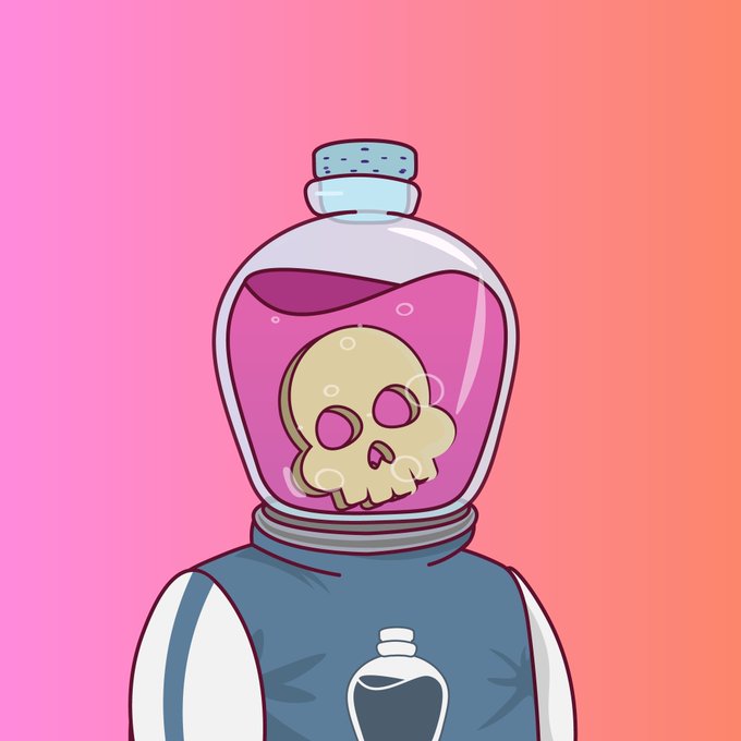 A digital illustration of a character with a glass dome for a head, filled with pink liquid and containing a floating yellow skull, set against a pink and orange gradient background.