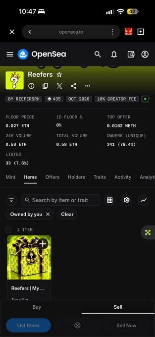 The image shows an OpenSea NFT collection page for "Reefers" on the Ethereum blockchain, displaying key statistics including a floor price of 0.027 ETH, 24-hour volume of 0.58 ETH, 341 owners, and 33 items listed (7.6%). This aligns with the post referencing the 0.027 ETH floor price and tagging @ReefersRH, highlighting the collection's current market value on OpenSea.