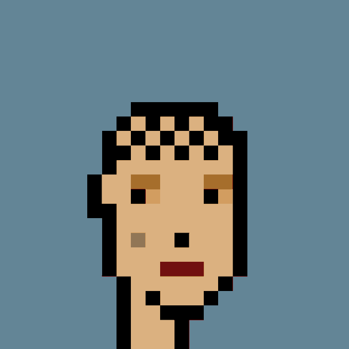 A pixel art portrait of a person with light brown skin and a checkered headband, featuring a mole on the cheek, set against a solid light blue background.