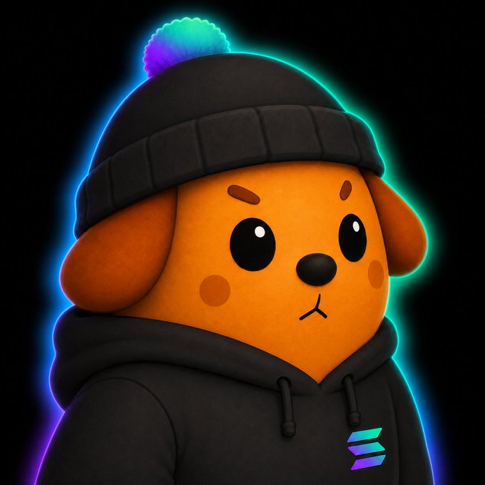 A cute orange dog character wearing a black beanie with a glowing pom-pom and a black hoodie featuring a glowing logo resembling the Solana emblem. The image ties into the "Believe in something" message by portraying a wholesome, relatable mascot—a symbol of community conviction and commitment to the project's vision.