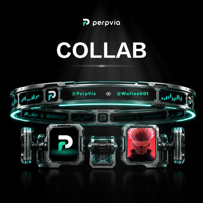 A promotional graphic for PerpVia displaying the word 'COLLAB' above a futuristic 3D rendering of a glowing teal ring featuring the PerpVia logo, '@PerpVia', and '@Wutiao001', with cartoon character portraits visible below.