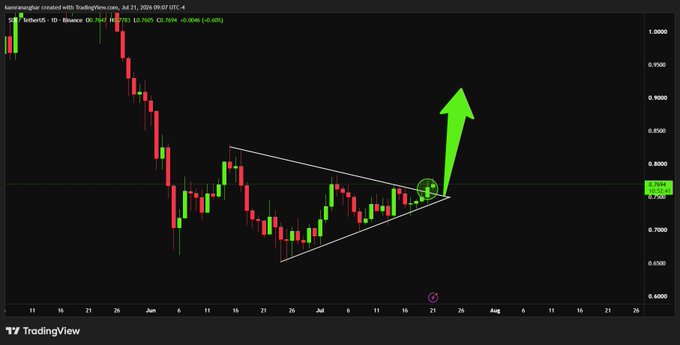 A TradingView candlestick chart for SUI/USDT on the 1D timeframe shows a confirmed bullish triangle breakout near $0.76, with a green arrow highlighting an anticipated move toward $0.90+ above the ascending support line. The chart's current price of $0.7694 aligns with the post's breakout level, visually reinforcing the bullish continuation signal.