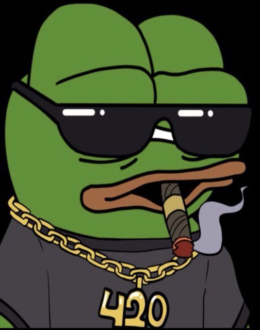 Image 5: A cartoon Pepe the Frog character wearing sunglasses, a gold '420' chain, and smoking a cigar.