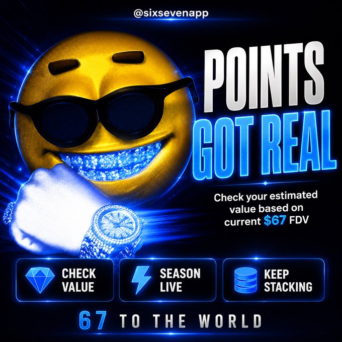 A promotional graphic for '@sixsevenapp' featuring a gold smiley face with sunglasses and diamond teeth, headlined 'POINTS GOT REAL' with buttons for 'Check Value,' 'Season Live,' and 'Keep Stacking,' and tagline '67 TO THE WORLD.'
