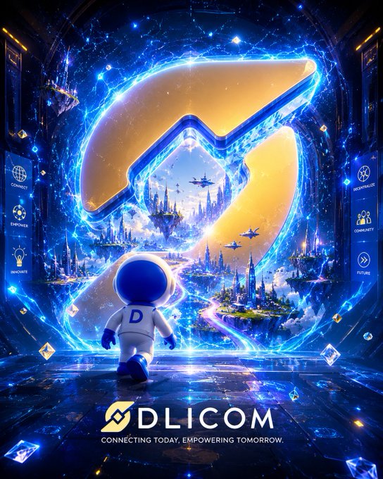 The image features a poster for a new app called "DLICOM" that promotes innovation, technology, and decentralization. The poster includes a cartoon character wearing an astronaut suit standing at the entrance of a futuristic gateway with blue walls and yellow stars. The text on the poster emphasizes the idea of connecting to the future through this innovative platform.