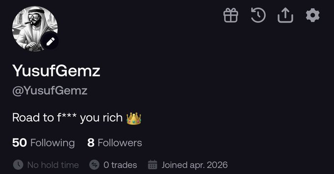 The image shows a Twitter/X profile for "YusufGemz" (@YusufGemz) with the bio "Road to f*** you rich 🔥", 50 Following and 8 Followers, who joined in April 2026. The profile belongs to a trader announcing their comeback after a 220X win on $GIGGLE and committing to publicly document their journey from $500 to $100K on FOMO.