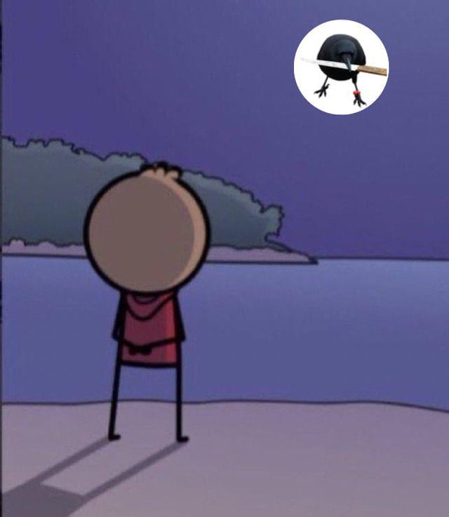A cartoon character stands looking at a dark night sky where the "moon" is actually a crow with a knife clenched in its beak, humorously illustrating the "CAW" token meme. The scene plays on the absurdity of the reference, replacing a peaceful moonlit view with the iconic menacing bird.