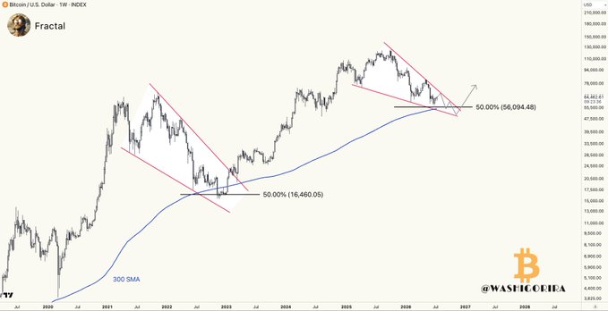 The image is a weekly BTC/USD chart showing Bitcoin's price action with a 300 SMA (blue line) and Fibonacci retracement levels drawn at 50% (56,094.48 and 16,460.05), illustrating the potential scenario of a rejection at the $67K-$73K resistance zone followed by a pullback to confluence support near the 300-week SMA and 50% Fibonacci level.