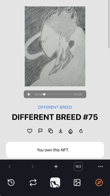 Mobile screenshot showing a pencil drawing NFT titled 'DIFFERENT BREED #75' with the message 'You own this NFT.'
