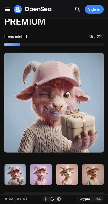 An OpenSea app screenshot showing a 'PREMIUM' NFT collection with 35/222 items minted, featuring a 3D goat character in a pink cap holding a gift, priced at $2,704.54.