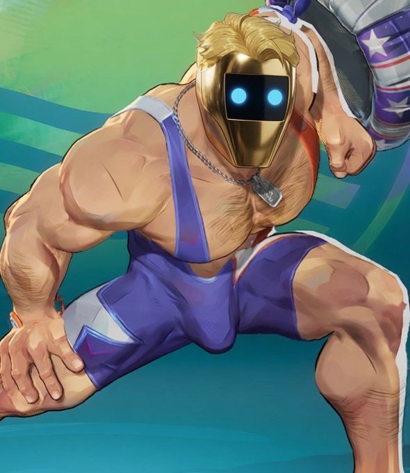 Digital artwork of a muscular blonde male character wearing a golden robot-like mask with glowing blue eyes, dressed in a blue and white wrestling singlet, with dog tags around his neck.