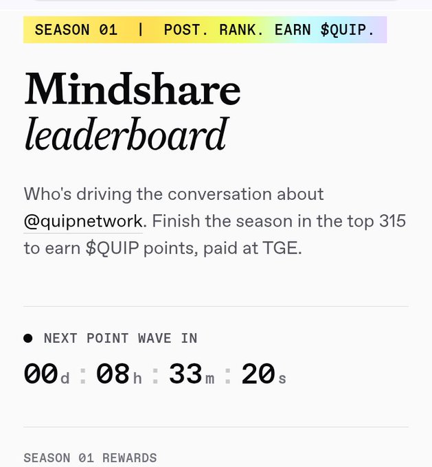 A 'Mindshare leaderboard' graphic for Season 01 of @quipnetwork, inviting users to finish in the top 315 to earn $QUIP points paid at TGE, with a countdown timer showing 00d 08h 33m 20s.