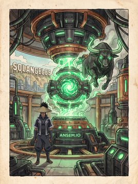 The image depicts a stylized sci-fi scene featuring a figure in a dark jacket standing before a glowing green cylindrical machine labeled "ANSEM.IO," with a large black bull floating above amid electric green energy, set against a backdrop displaying the word "SOLANGELES." The artwork visually represents the post's theme, celebrating the launch of the ANSEM.io platform through its collaboration with Sol Angeles by merging the brand's signature bull imagery with futuristic, tech-inspired aesthetics.