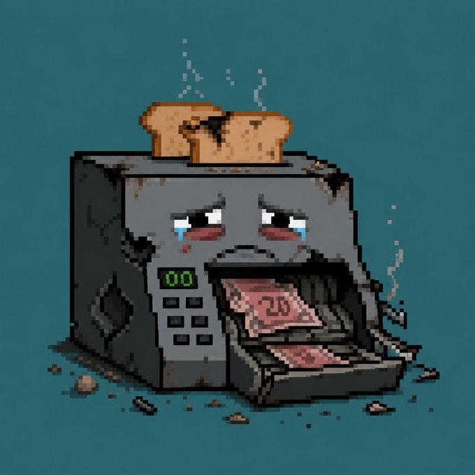 Pixel art illustration of a sad, damaged toaster with crying eyes printing a $20 bill, with two pieces of burnt toast popping out of the top.