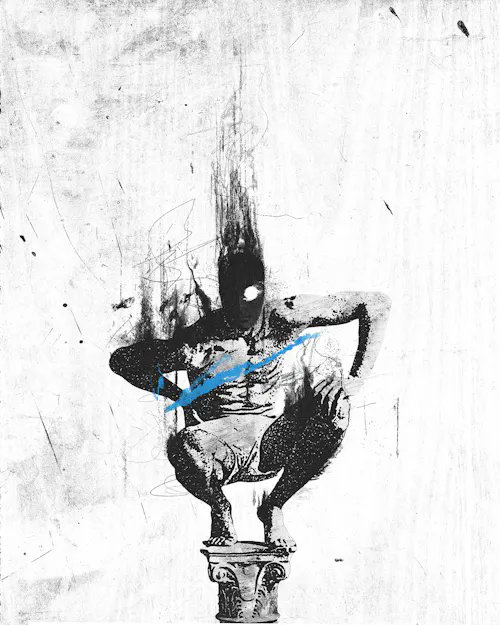 A black and white artistic illustration of a figure crouching on a pedestal with smoke rising above their head and a blue scribble across the chest.