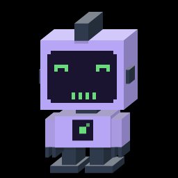 A pixel art style robot character with a boxy purple body, glowing green pixel eyes, three green mouth dashes, and a small green-lit chest panel.