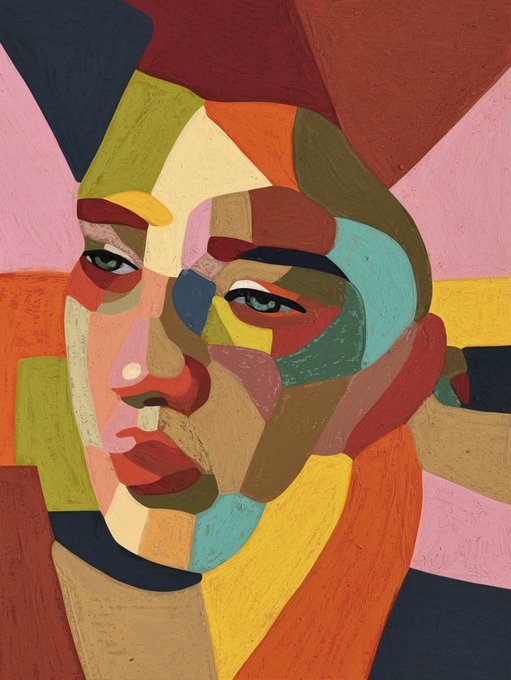 A colorful, fragmented cubist-style painted portrait of a face composed of various geometric shapes in shades of orange, blue, yellow, and red.