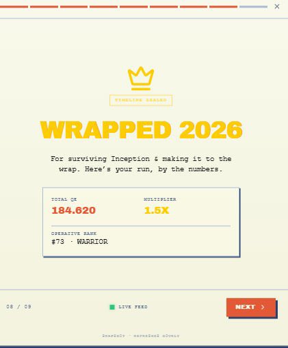 A 'WRAPPED 2026' summary screen for Pingluong League shows a Total QT of 184,620, a 1.5x multiplier, and an Operative Rank of #73 Warrior.