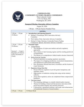 The image shows an official CFTC agenda document for the Inaugural Meeting of the Innovation Advisory Committee on August 28, 2024, from 1:00–3:30 PM ET. The agenda includes introductions/opening remarks by Chairman Rostin Behnam and discussion topics such as future of finance, AI and tokenization, and regulation regarding analysis, with a 30-minute break scheduled at 2:30–3:30 PM. This document visually represents the posted announcement about the committee's inaugural meeting agenda.