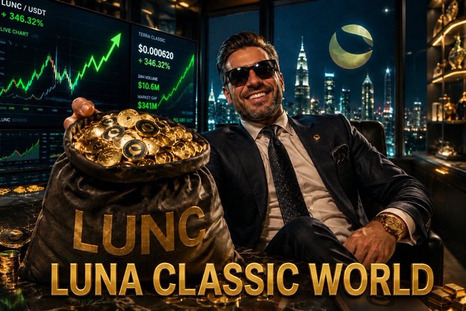 A man in a suit and sunglasses smiles next to a large sack filled with gold coins, with 'LUNA CLASSIC WORLD' and 'LUNC' text visible, along with a green chart showing a '+346.32%' increase.
