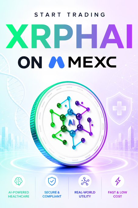 The "XRPHAI" cryptocurrency is available for trading on MEXC, highlighting its connection to AI-powered healthcare. This image serves as a promotional graphic for XRPHAI on the MEXC exchange, reassuring users about its continued trading presence.