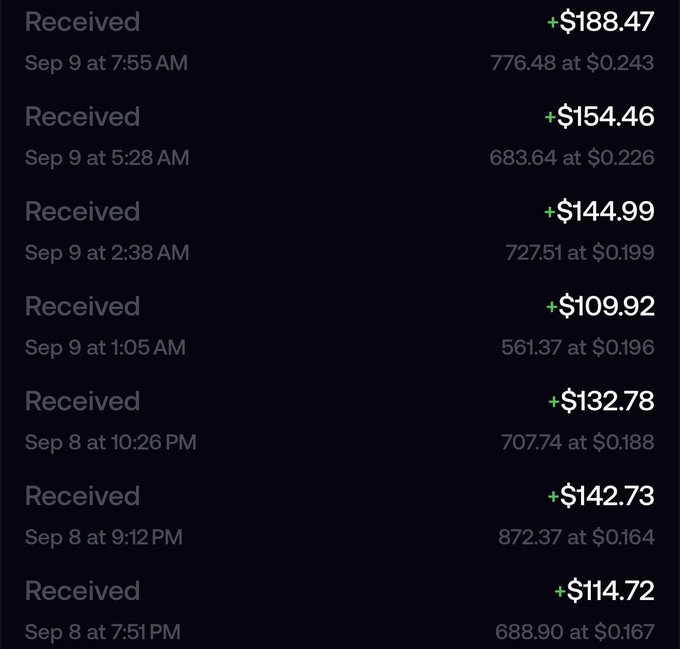 A mobile app screenshot showing a list of 'Received' cryptocurrency transactions on September 8–9, with amounts like +$188.47, +$154.46, and +$144.99, each showing the token quantity and price per unit.