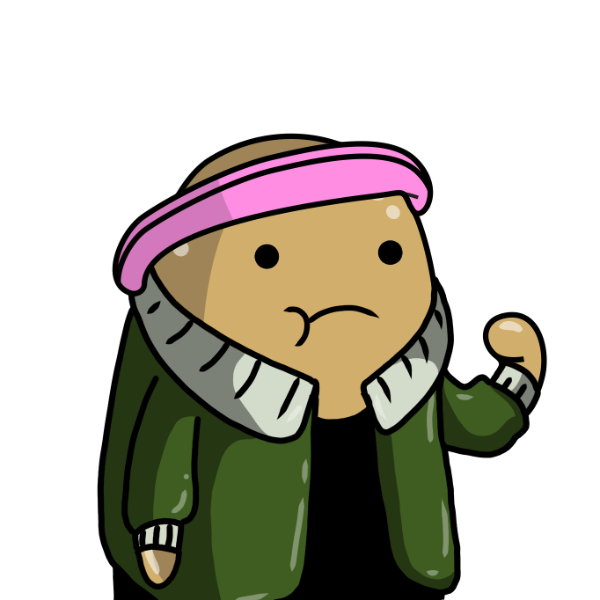 A cartoon illustration of a character with a grumpy expression, wearing a green jacket with a fur collar and a pink headband.