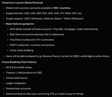 A black and white screenshot of a document titled " Tomorrow's Launch (Ketra Personal)" with bullet points about global currency accounts, supported fiat currency accounts, and cryptocurrency conversion options.