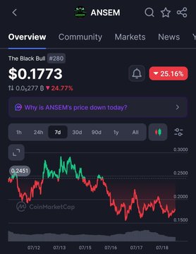 A CoinMarketCap screenshot shows the ANSEM token ("The Black Bull") priced at $0.1773, down 25.16% over 1 hour and 24.77% over 24 hours, illustrating the post's point that memecoins like ANSEM lose value quickly without sustained attention.