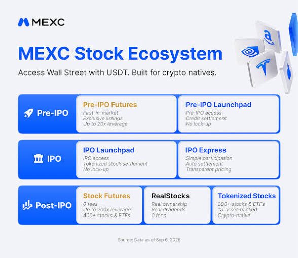 A MEXC promotional infographic titled 'MEXC Stock Ecosystem' with the tagline 'Access Wall Street with USDT. Built for crypto natives,' outlining three tiers of investment products: Pre-IPO (Pre-IPO Futures with up to 20x leverage and Pre-IPO Launchpad), IPO (IPO Launchpad and IPO Express), and Post-IPO (Stock Futures, RealStocks, and Tokenized Stocks covering 400+ stocks & ETFs).