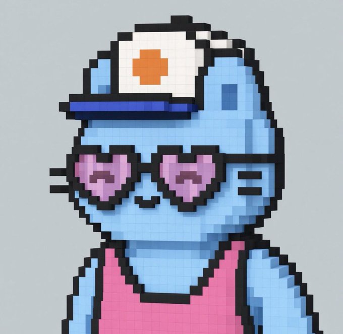 A pixel art illustration of a light blue, cat-like character wearing heart-shaped sunglasses, a white nurse's cap with an orange cross, and a pink tank top.