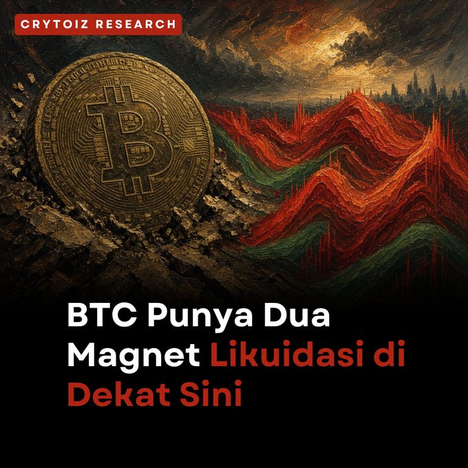 A promotional graphic from 'CRYTOIZ RESEARCH' showing a large gold Bitcoin coin embedded in rock next to a red and green mountain chart, with the text 'BTC Punya Dua Magnet Likuidasi di Dekat Sini'.