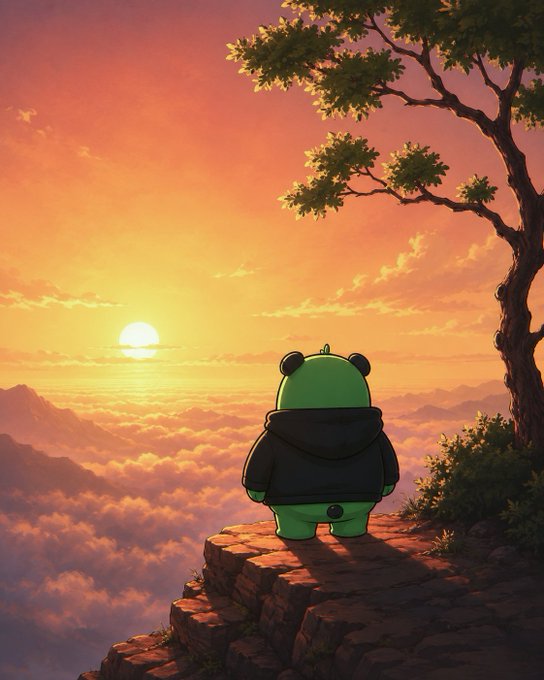 A cute cartoon frog in a hoodie stands on a cliff edge, gazing at a golden sunset over a sea of clouds, mirroring the contemplative yet optimistic outlook of embracing crypto despite market volatility. The serene, expansive view reflects the post's message about maintaining a positive, long-term perspective on life and investments.