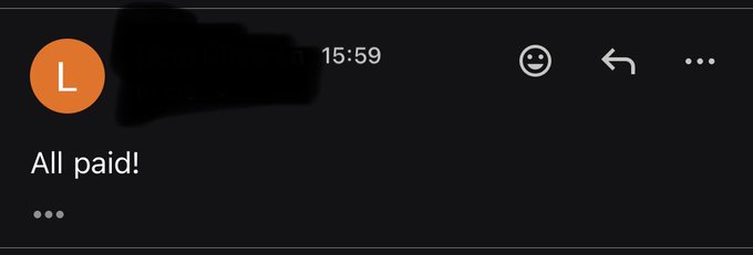 A dark messaging interface with a profile labeled 'L', a timestamp of '15:59', and a message saying 'All paid!'.