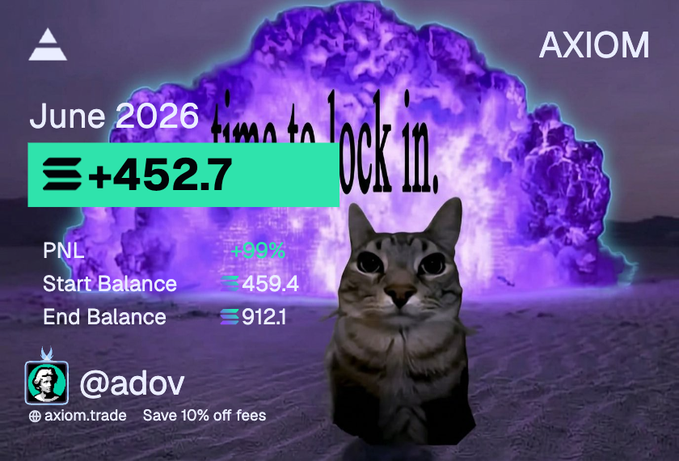 The image showcases a promotional graphic for AXIOM trade, featuring a cat superimposed on a purple mushroom cloud explosion backdrop. It displays trading performance stats for June 2026 with a PnL of +452.7%, showing a start balance of ~459.4 and end balance of ~912.1, credited to user @adov with a promo code to save 10% off fees—visually emphasizing the impressive gains mentioned in the post.