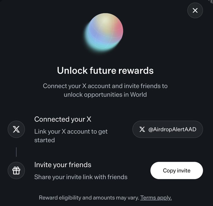 A "World" platform modal prompting users to "Unlock future rewards" by connecting their X account and inviting friends, featuring an "@AirdropAlertAAD" connection button and a "Copy invite" option for sharing a referral link. The image aligns with the post's instructions to link your X account to @world_xyz and connect your Phantom wallet to earn rewards.
