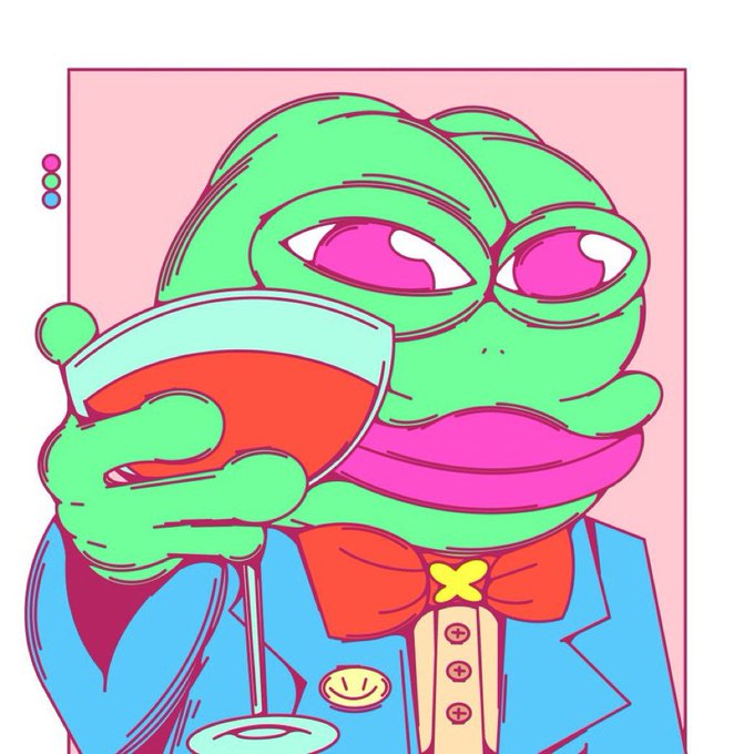 A colorful cartoon illustration of a green frog with pink lips wearing a blue suit and red bowtie, sipping a glass of red wine.