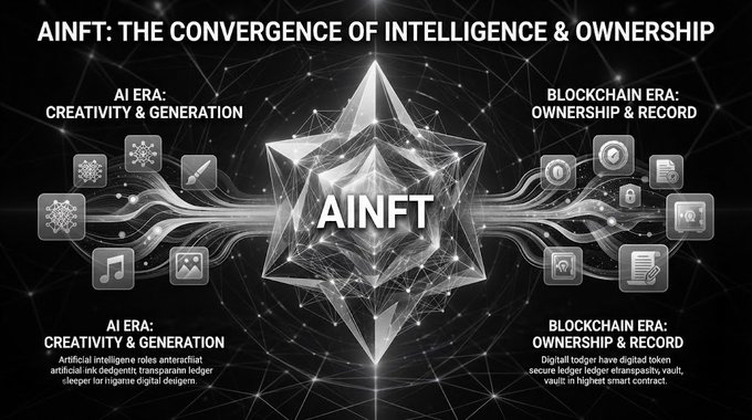 An infographic titled 'AINFT: THE CONVERGENCE OF INTELLIGENCE & OWNERSHIP', illustrating the fusion of the 'AI ERA: CREATIVITY & GENERATION' and the 'BLOCKCHAIN ERA: OWNERSHIP & RECORD' into a central crystalline AINFT structure.